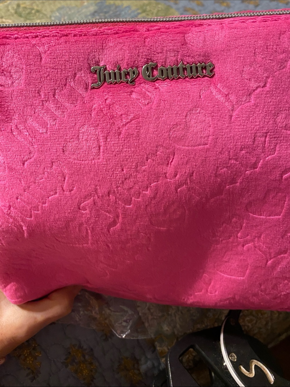 PRICE DROP Juicy Couture Vibrant Pink Velour Heart-Embossed Cosmetic Bag